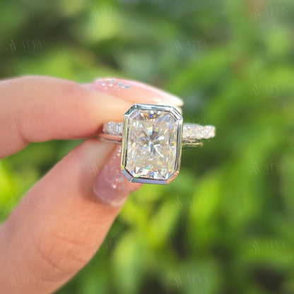 4.00 CT Radiant Cut Moissanite Bezel Set Engagement Bridal Set Ring for Women Pave Set Wedding Band Ring Gift for Her