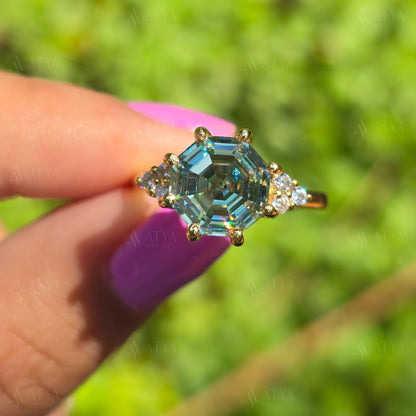2.50 CT Blue Green Octagon Cut Moissanite Engagement Ring Cluser Moissantie Ring Promise Ring Anniversary Ring