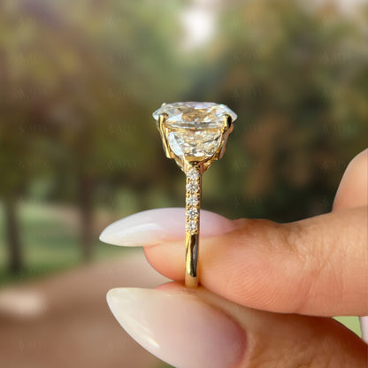 2.50 CT Oval Cut IGI Certified Lab Grown Diamond Three Stone Engagement Ring | Side Half Moon & Round Cut Diamonds