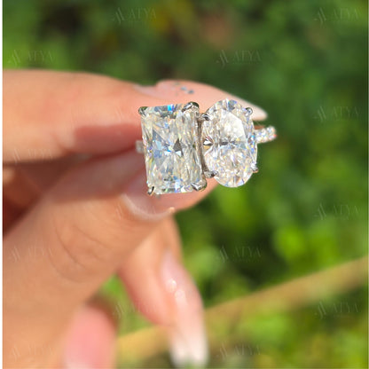 Unique Toi Et Moi Hidden Halo Oval and Radiant Cut Toi Et Moi Engagement Ring Wedding Ring Promise Ring