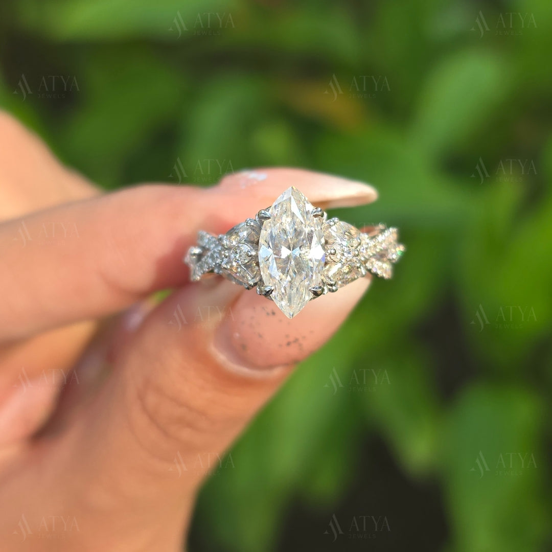 Vintage 2 CT Marquise Cut Engagement Ring Floral Marquise Moissanite Diamond Ring Wedding Gifts For Bridal Gold Diamond Ring For Women