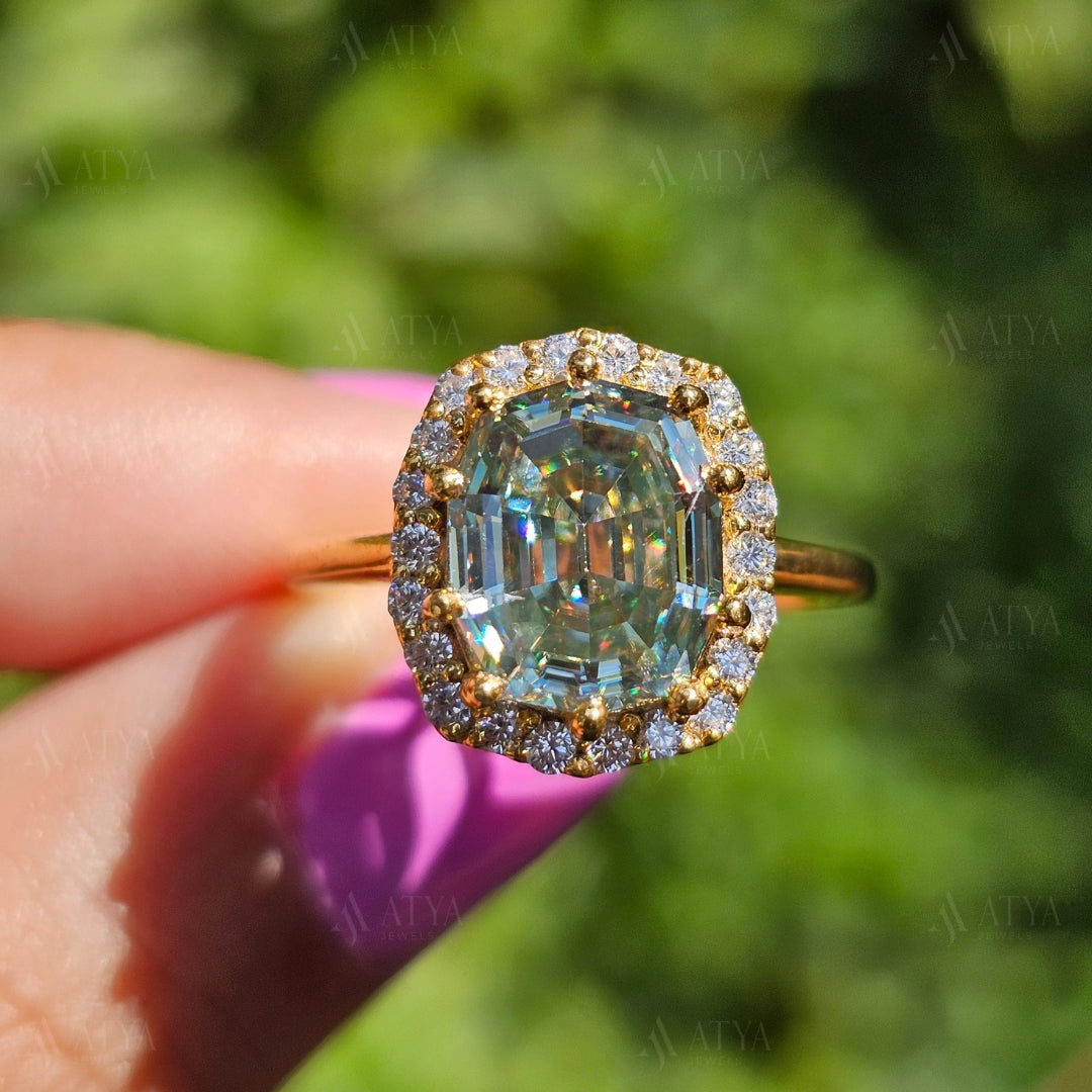 Green Octagon Cut Moissanite Diamond Ring Step Cut Engagement Ring Halo Colored Solitaire Ring Unique Anniversary Gift