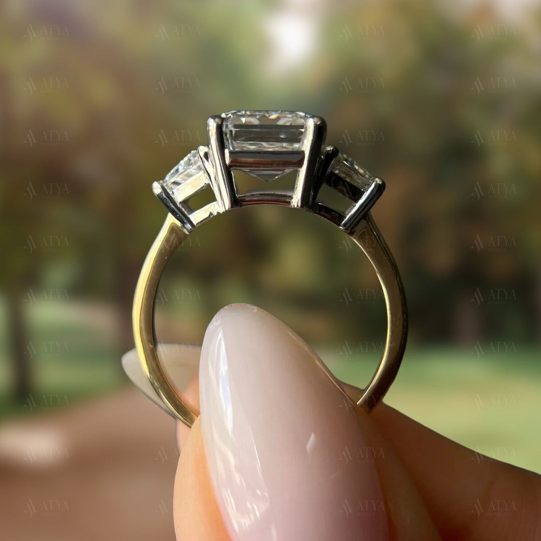 2.50 CT Emerald Cut IGI Certified Lab Grown Diamond Three Stone Engagement Ring Side Trapezoids Diamond Ring