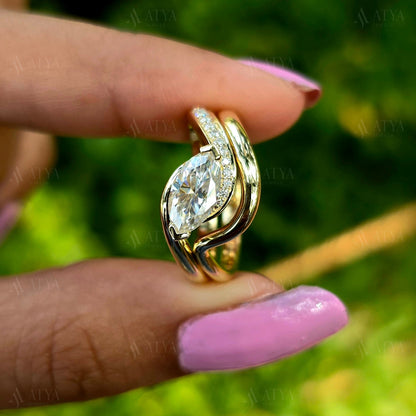 East-West Marquise Cut Moissanite Bridal Ring Set Unique Side Halo Design Wedding Ring Set