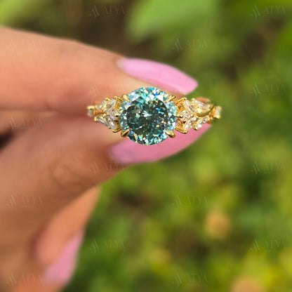 Vintage 2.50 CT Cyne Blue Portuguese Cut Moissanite Engagement Ring Side Marquise Diamond Nature Inspired Moissanite Ring