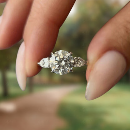 2.00 CT Round Cut Three Stone IGI Certified Lab Grown Diamond Triology Engagement Ring Side Pear Diamond Ring