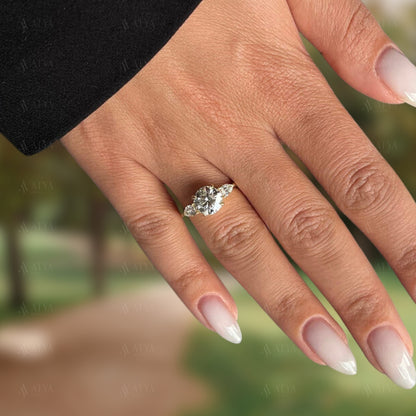 1.75 CT Round Cut IGI Certified Lab Grown Diamond Three Stone Engagement Ring | Side Pear Cut Diamond Triology Ring