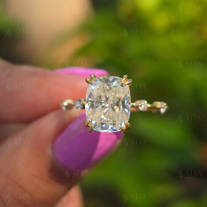 3.50 CT Elongated Cushion Cut Moissanite Engagement Ring Double Claw Prong Hidden Halo Distance Pave Set Anniversary Ring