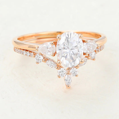 2.00 CT Oval Cut Moissanite Three Stones Bridal Ring Set