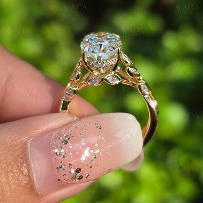 4.00 CT Oval Cut Nature Inspired Moissanite Engagement Ring Floral Bezel Set Marquise Side Diamond Ring For Her