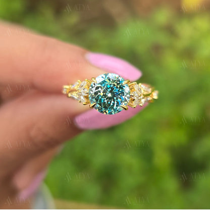 Vintage 2.50 CT Cyne Blue Portuguese Cut Moissanite Engagement Ring Side Marquise Diamond Nature Inspired Moissanite Ring