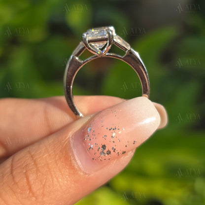 Emerald Cut Three Stone Ring 3.00 CT Emerald Cut Colorless Moissanite Engagement Ring Side Tapered Baguette Cut Proposal Anniversary Gift