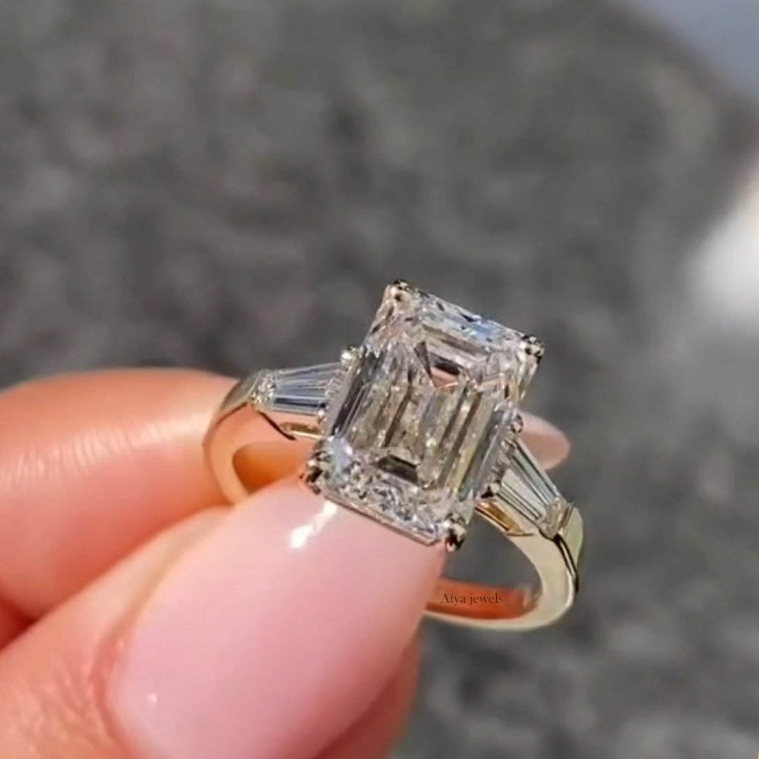 3.00 CT Emerald Cut Moissanite Three Stone Engagement Ring