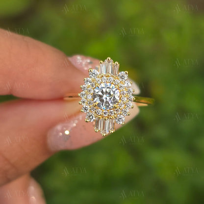 Unique Round Cut Starbust Moissanite Engagement Ring 14K Solid Gold Hidden Halo Promise Ring Side