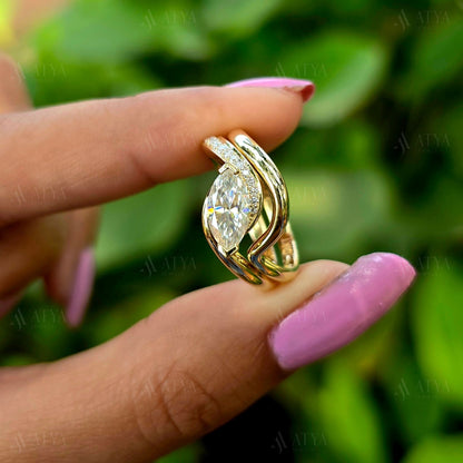 East-West Marquise Cut Moissanite Bridal Ring Set Unique Side Halo Design Wedding Ring Set
