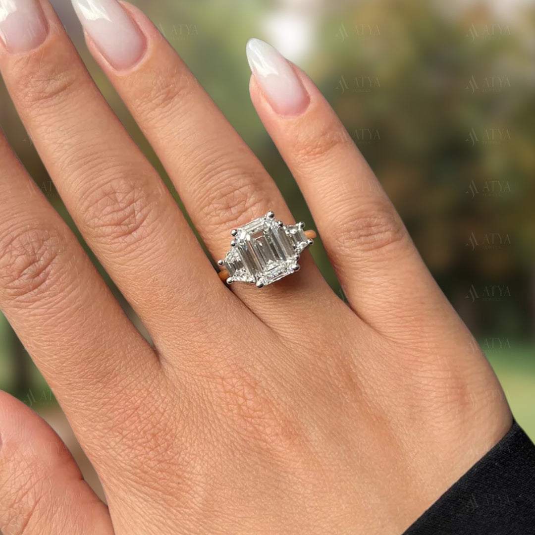 2.50 CT Emerald Cut IGI Certified Lab Grown Diamond Three Stone Engagement Ring Side Trapezoids Diamond Ring