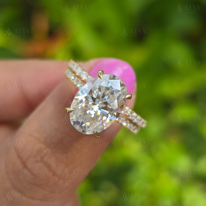 4.00 CT Oval Moissanite Wedding Bridal Set Ring Oval Cut Engagement Ring Set with Eternity Diamond Matching Band Hidden Halo Ring