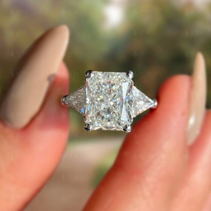 3.50 CT Radiant Cut IGI Certified Lab Grownd Diamond Three Stone Ring Side Trillions Cut Diamond Engagement Ring