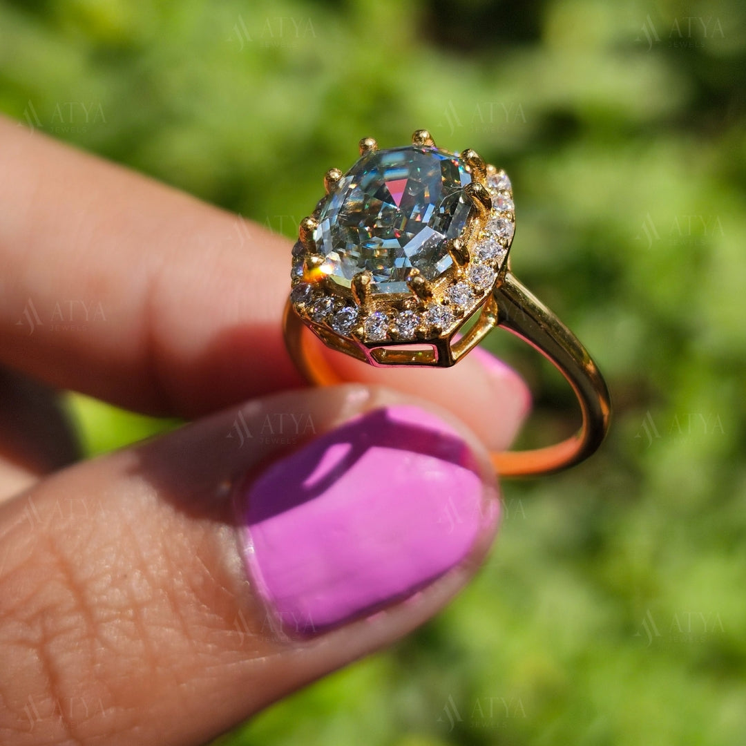 Green Octagon Cut Moissanite Diamond Ring Step Cut Engagement Ring Halo Colored Solitaire Ring Unique Anniversary Gift