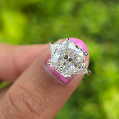 3.50 CT Radiant Cut Moissanite Stone Engagement Ring With Side Triangle Three Stone Best Minimalist Classic Wedding Ring