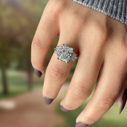 3.50 CT Radiant Cut IGI Certified Lab Grown Diamond Three Stone Engagement Ring Side Trapezoids Diamond Ring