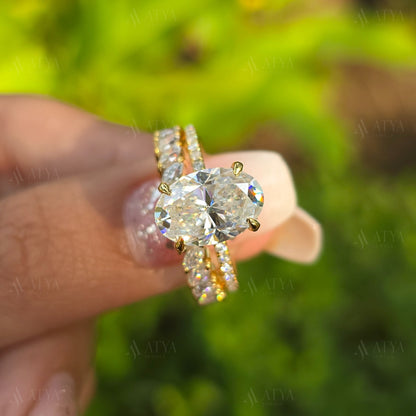 3.50 CT Oval Cut Moissanite Engagement Ring Set, Hidden Halo Wedding Ring Set Round Cut Bezel Set Matching Band
