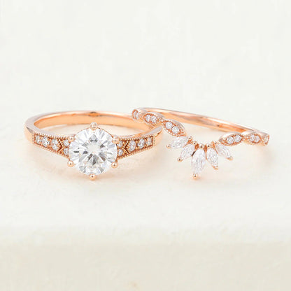 1.50 CT Round Moissanite Milgrain Bridal Ring Set