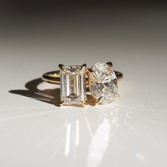 4.00 TCW Oval & Emerald Cut Toi Et Moi Moissanite Engagement Ring