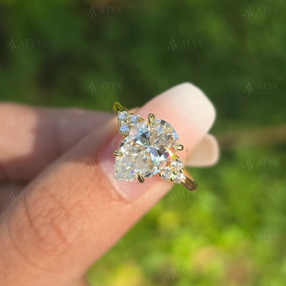 3.00 CT Pear Cut Moissanite Engagement Ring Cluster Moissanite Bridal Ring Anniversary Ring Promise Ring