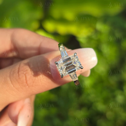 Emerald Cut Three Stone Ring 3.00 CT Emerald Cut Colorless Moissanite Engagement Ring Side Tapered Baguette Cut Proposal Anniversary Gift