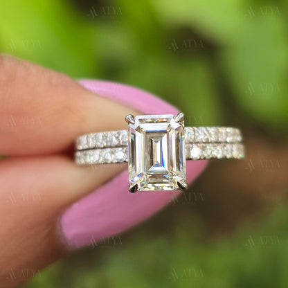 2.50 CT Emerald Cut Moissanite Brdial Ring Set For Her Wedding & Engagement Ring Set Proposal Ring
