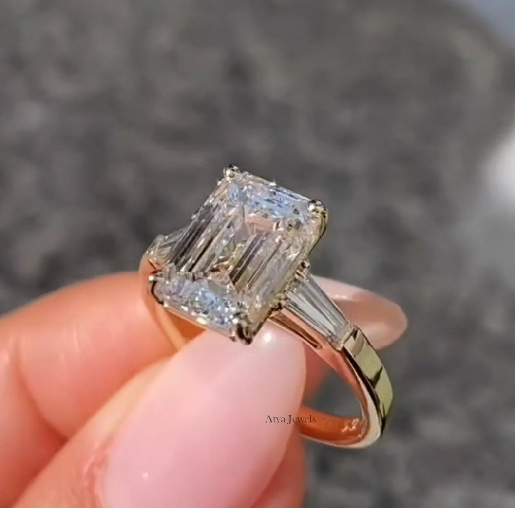 3.00 CT Emerald Cut Moissanite Three Stone Engagement Ring