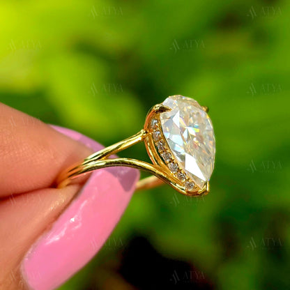 3.00 Pear Cut Split Shank Moissantie Engagement Ring Hidden Halo Anniversary Ring Gift Ring For Her
