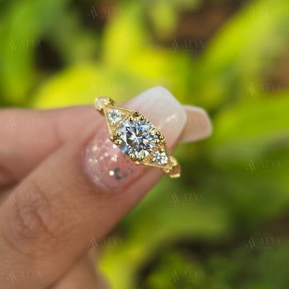 1.00 CT Brilliant Round Cut Moissanite Engagement Ring Art Deco Ring Vintage Style Ring Promise Ring