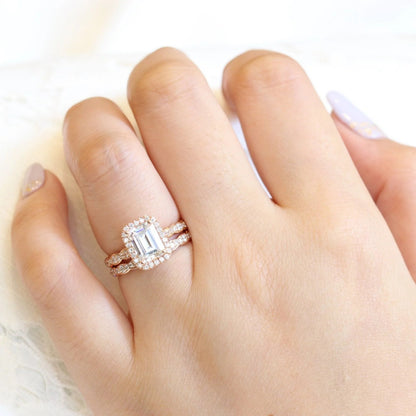 1.50 CT Emerald Cut Moissanite Halo Bridal Wedding Ring Set