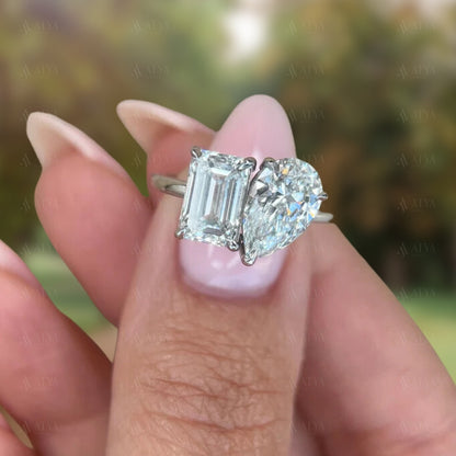 Unqiue 4 CT Pear & Emerald Cut IGI Certified Lab Grown Diamond Toi Et Moi Ring | Two Stone Engagement Ring