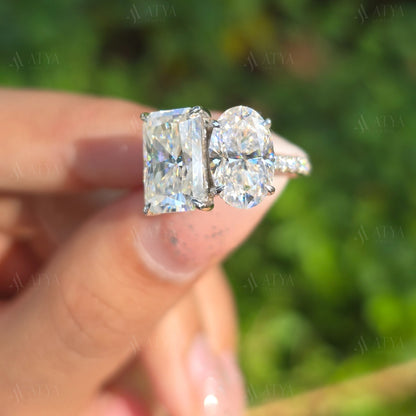 Unique Toi Et Moi Hidden Halo Oval and Radiant Cut Toi Et Moi Engagement Ring Wedding Ring Promise Ring