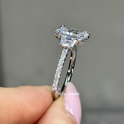 2.50 CT Radiant Cut Three Stone Lab Grown Diamond Hidden Halo Engagement Ring