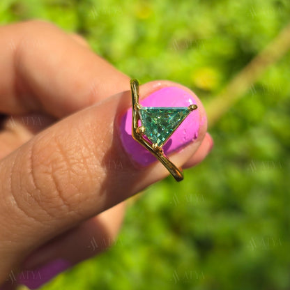 Blue Green Kite Cut Moissanite Diamond Engagement Ring Bypass Set Colored Solitaire Ring Unique Anniversary Gift