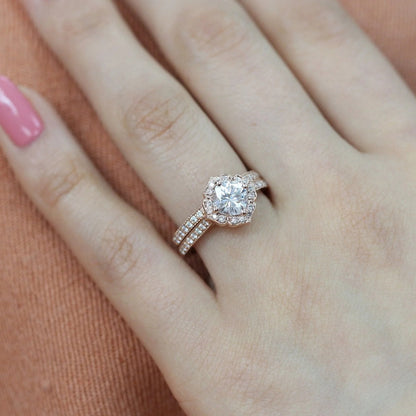 1.0 CT Floral Cushion Cut Moissanite Halo Bridal Engagement Ring Set
