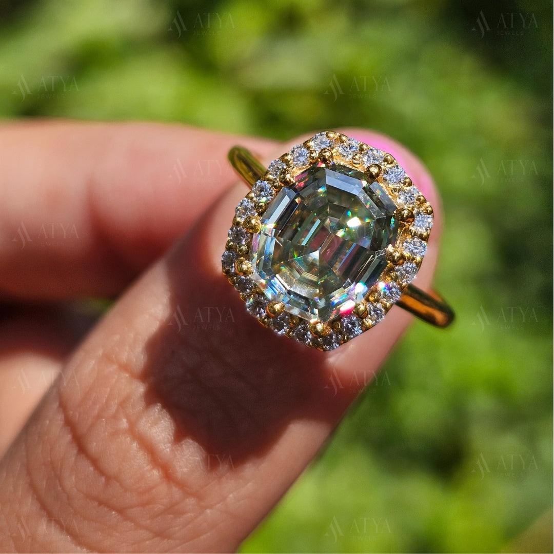 Green Octagon Cut Moissanite Diamond Ring Step Cut Engagement Ring Halo Colored Solitaire Ring Unique Anniversary Gift
