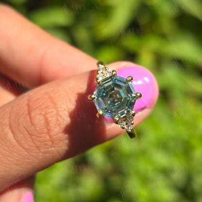 2.50 CT Blue Green Octagon Cut Moissanite Engagement Ring Cluser Moissantie Ring Promise Ring Anniversary Ring