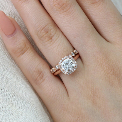 2.00 CT Vintage Cushion Cut Moissanite Halo Bridal Engagement Ring Set
