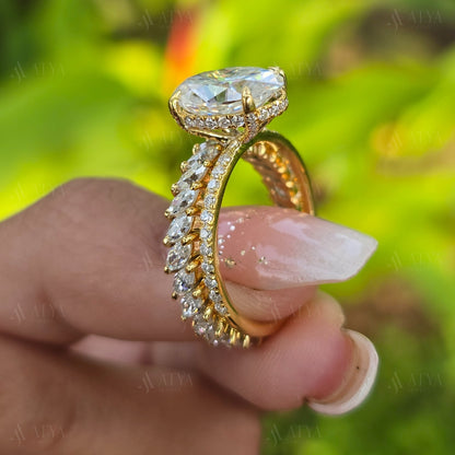 3.50 CT Oval Cut Moissanite Engagement Ring Set, Hidden Halo Wedding Ring Set Round Cut Bezel Set Matching Band