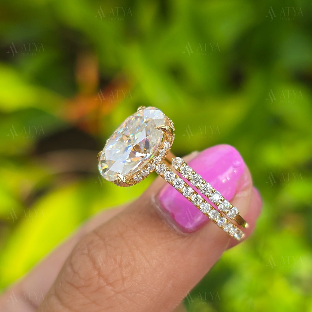 4.00 CT Oval Moissanite Wedding Bridal Set Ring Oval Cut Engagement Ring Set with Eternity Diamond Matching Band Hidden Halo Ring