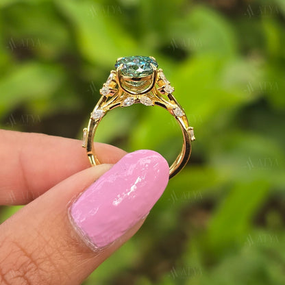 Vintage 2.50 CT Cyne Blue Portuguese Cut Moissanite Engagement Ring Side Marquise Diamond Nature Inspired Moissanite Ring