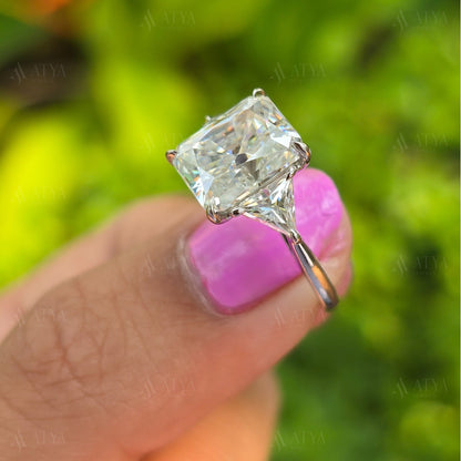 3.50 CT Radiant Cut Moissanite Stone Engagement Ring With Side Triangle Three Stone Best Minimalist Classic Wedding Ring