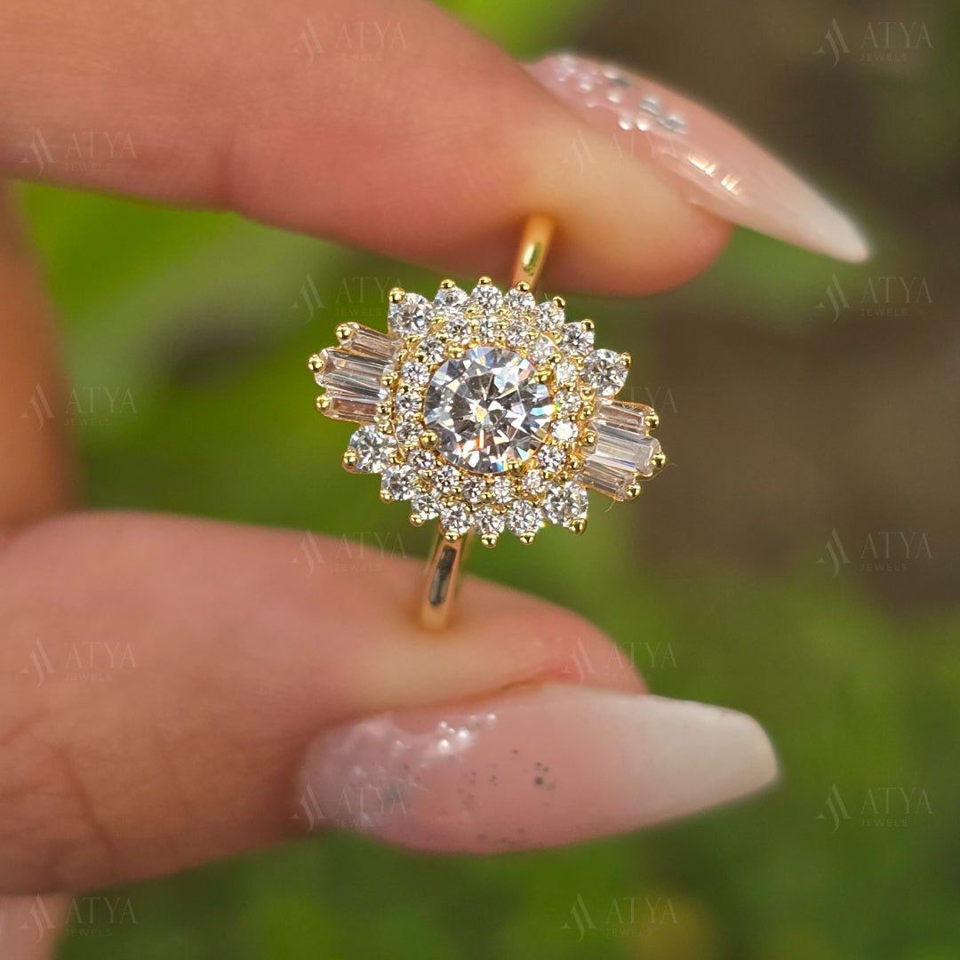 Unique Round Cut Starbust Moissanite Engagement Ring 14K Solid Gold Hidden Halo Promise Ring Side