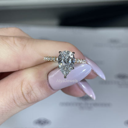 2 CT Pear Cut Hidden Halo Lab Grown Diamond Engagement Ring For Women