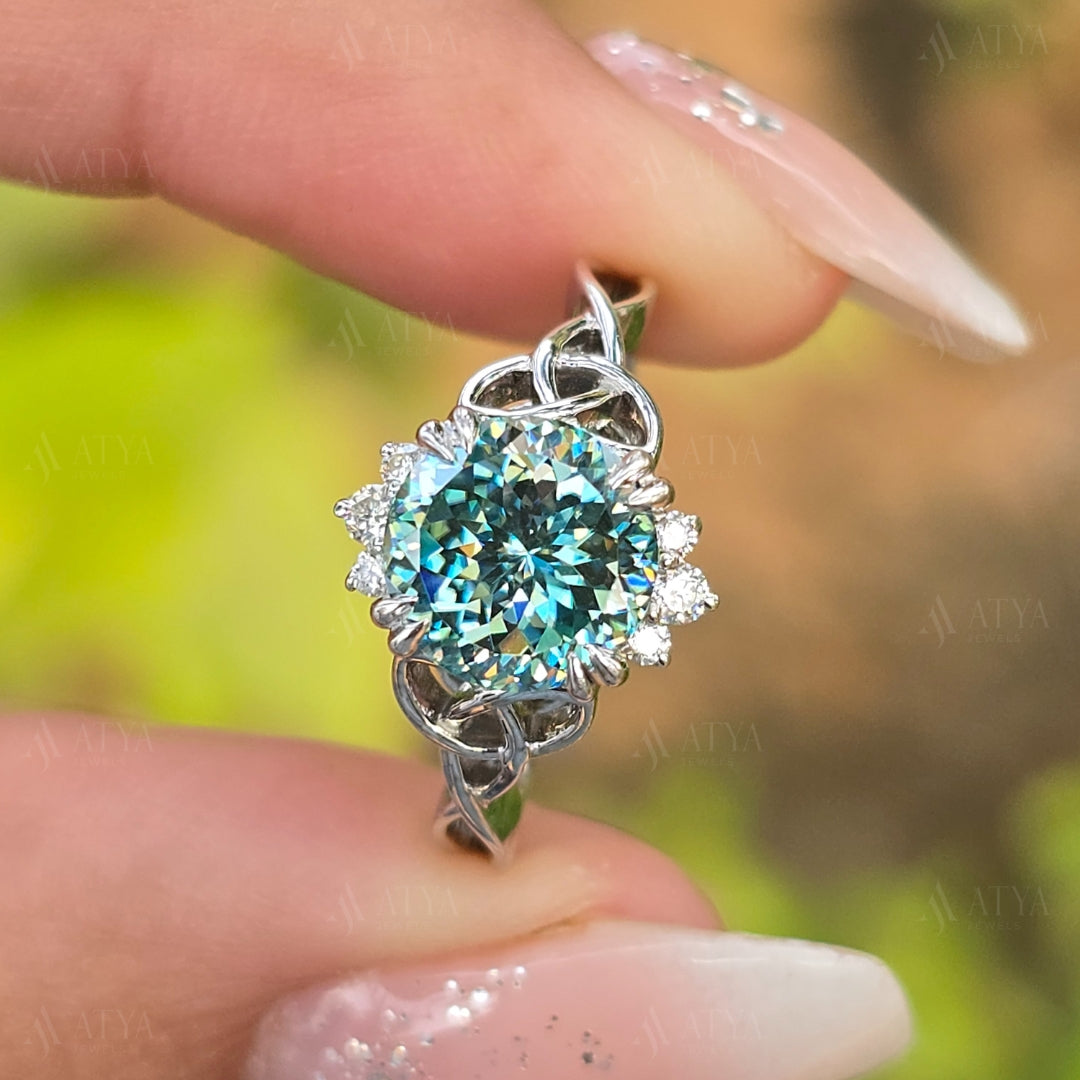 2.00 CT Portuguess Cut Cyne Blue Moissanite Diamond Engagement Ring Unique Diamond Bridal Ring For Her